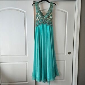 Dave & Johnny Teal Chiffon Beaded Prom Formal Gown Dress Size 9/10 V-Neck